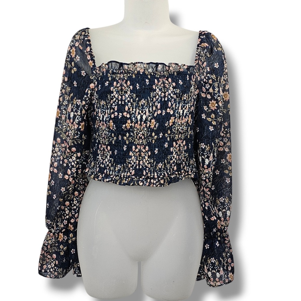 INA Smocked Milkmaid Top Square Neck Metallic Dark Floral Boho Cottage Sheer NEW
